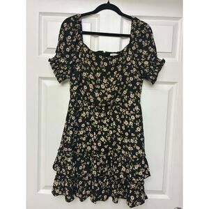 City Vibe Black Floral Mini Dress Size 11 Puff Sleeve Tierred Ruffle Cottagecore